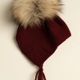 Gorro infantil premium lana merino granate pompón natural