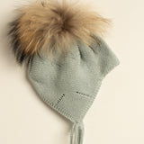 Gorro infantil premium lana merino verde pompón natural